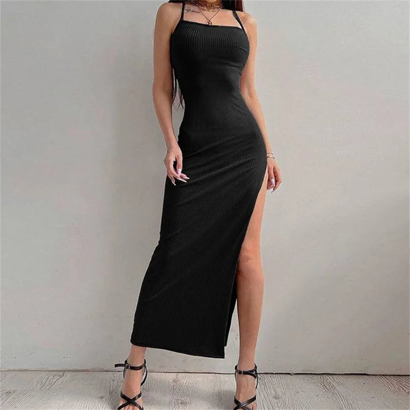 Sexy Black Long Bodycon Dress Halter Neck High Split Maxi Dress