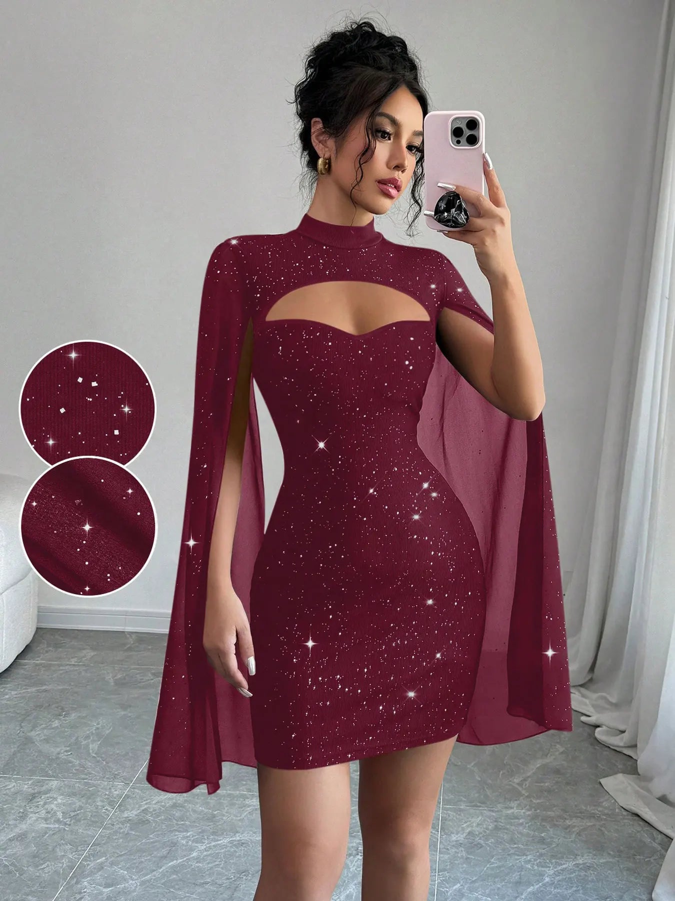 Sexy Women's Stand Collar Cape Mini Dress Sequins Sparkling Club Party