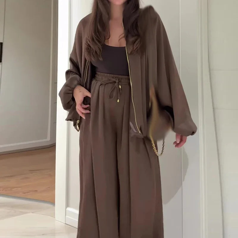 Fashion Elastic Waist Pants Sport Suit Elegant Zipper Jacket & Long Pant Outfits