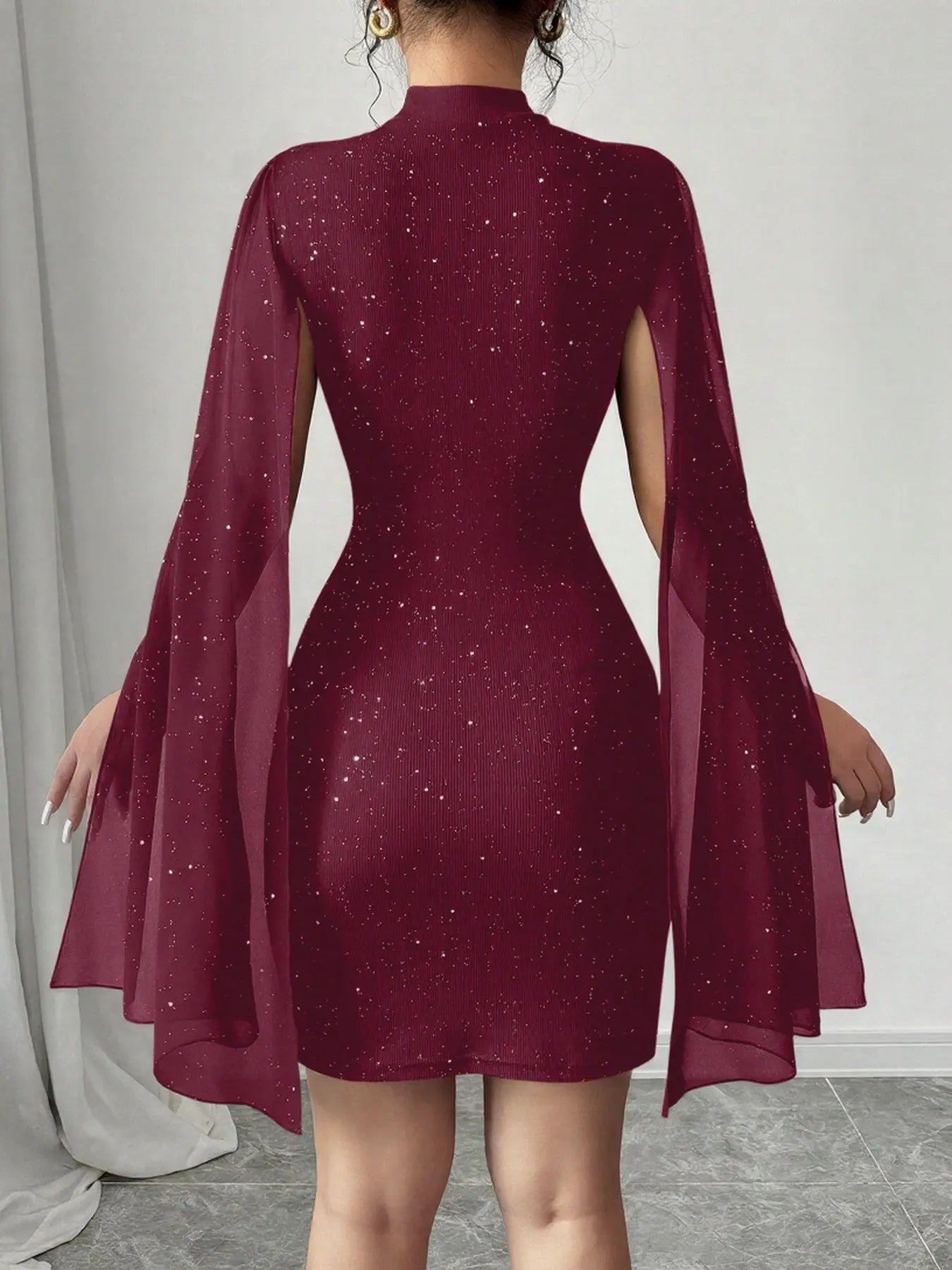 Sexy Women's Stand Collar Cape Mini Dress Sequins Sparkling Club Party