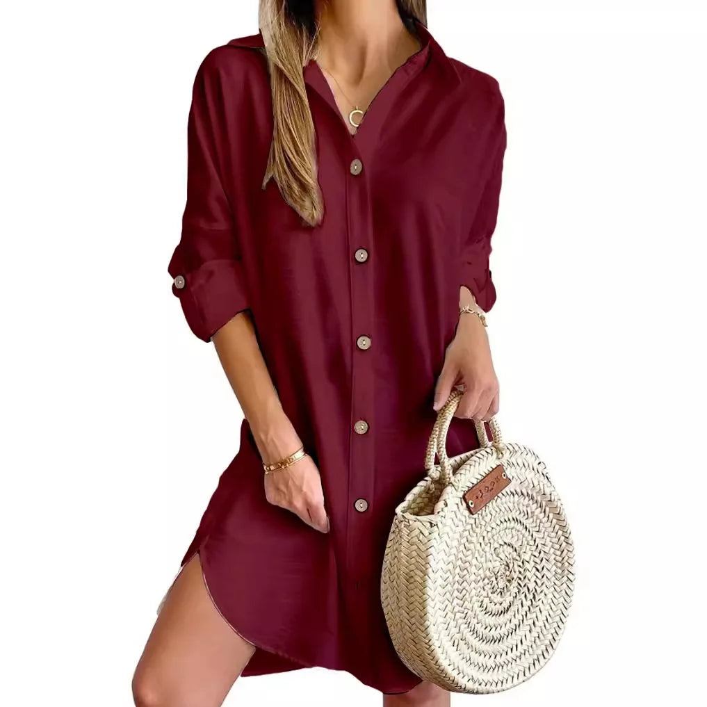 Solid Color Button Front Shirt Dress Casual Long Sleeve