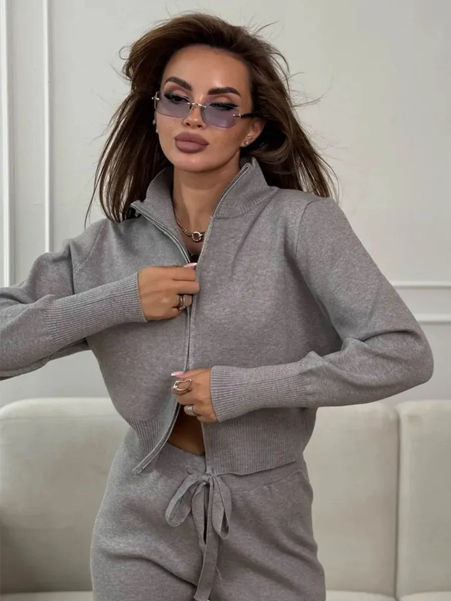 Effortless Elegance for Every Season Zip Up Knit Pants Set