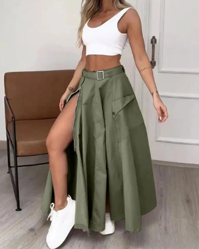 Elegant Irregular Split High-Waist A-Line Skirt for Women