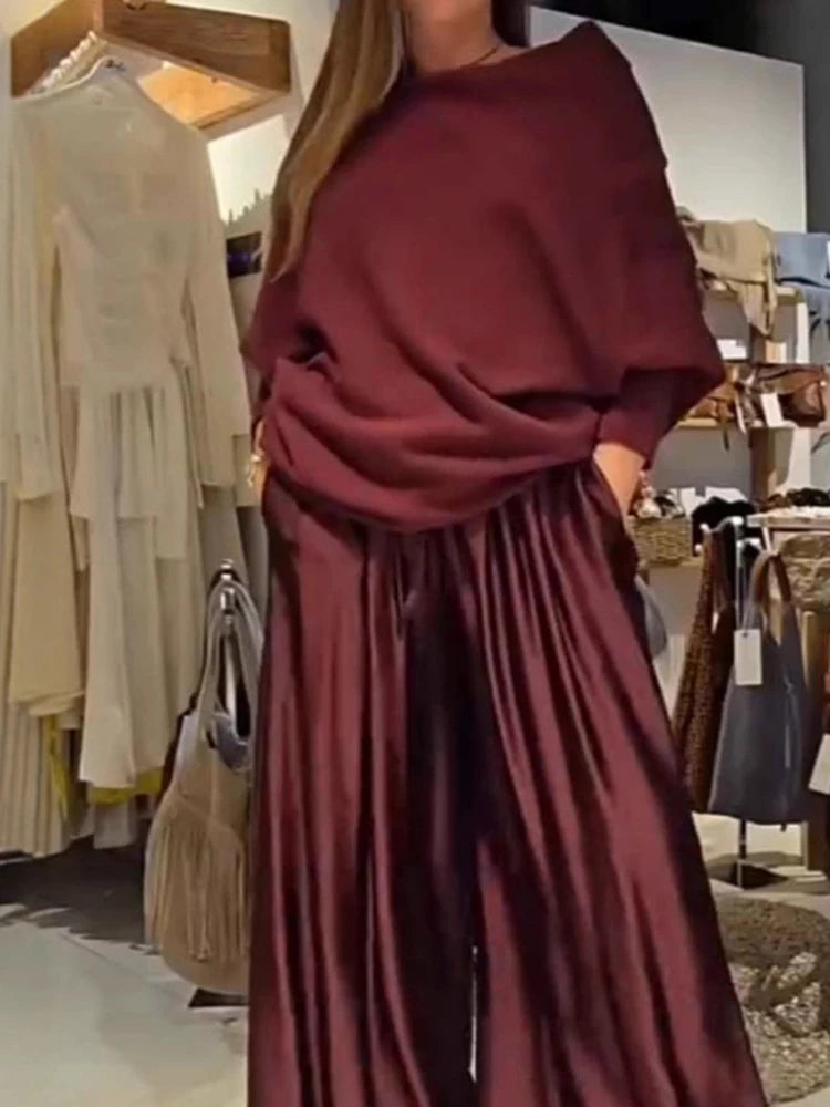 Elegant Slash Collar Off Shoulder Top&Satin Wide Leg Pants Sets