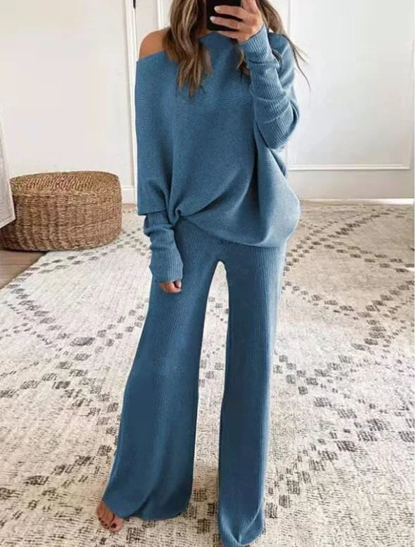 Fashion One-shoulder Long-sleeved Top + Straight Pants 2-piece Set