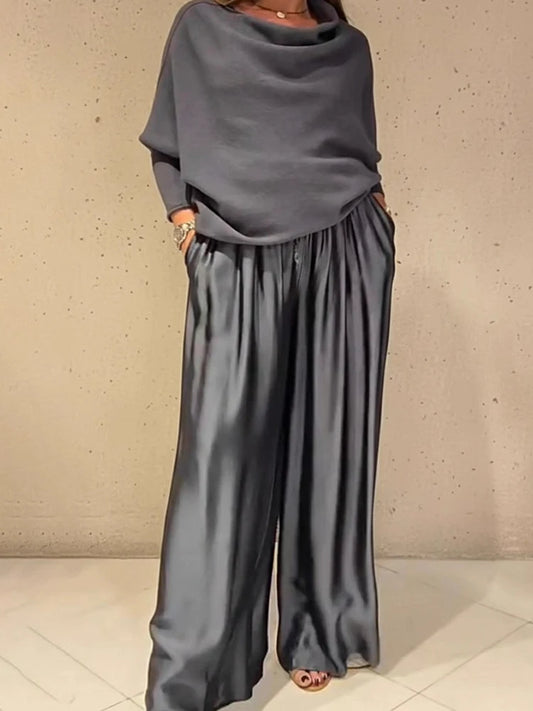 Elegant Slash Collar Off Shoulder Top&Satin Wide Leg Pants Sets