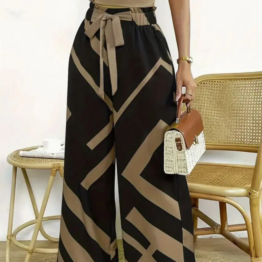 Geometric Pattern Print Wide Leg Pants Casual Loose Bow