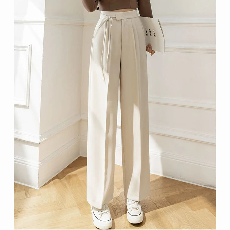 Spring Women Lace Up Straight Leg Suit Pants