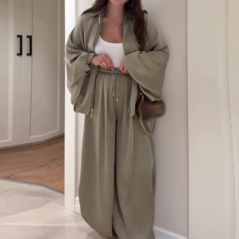 Fashion Elastic Waist Pants Sport Suit Elegant Zipper Jacket & Long Pant Outfits