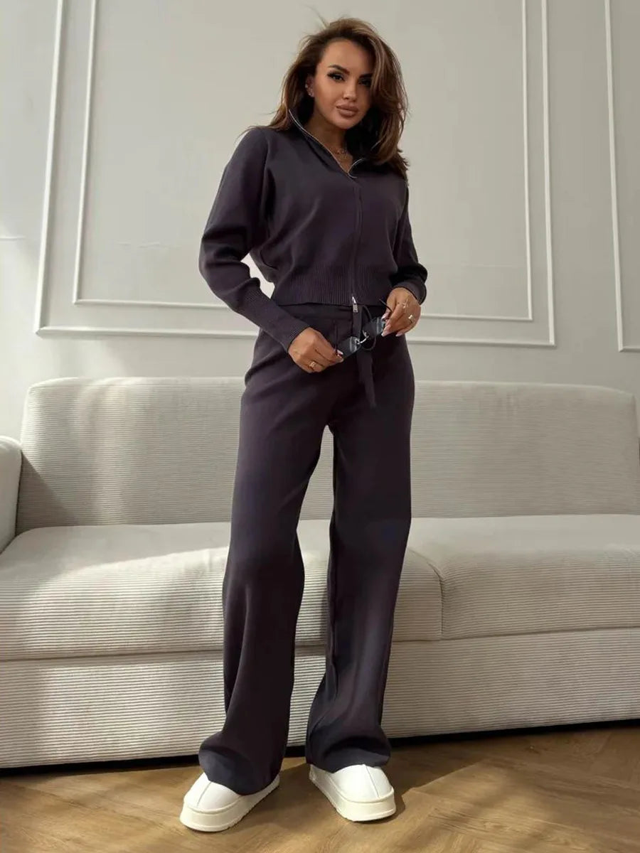 Effortless Elegance for Every Season Zip Up Knit Pants Set