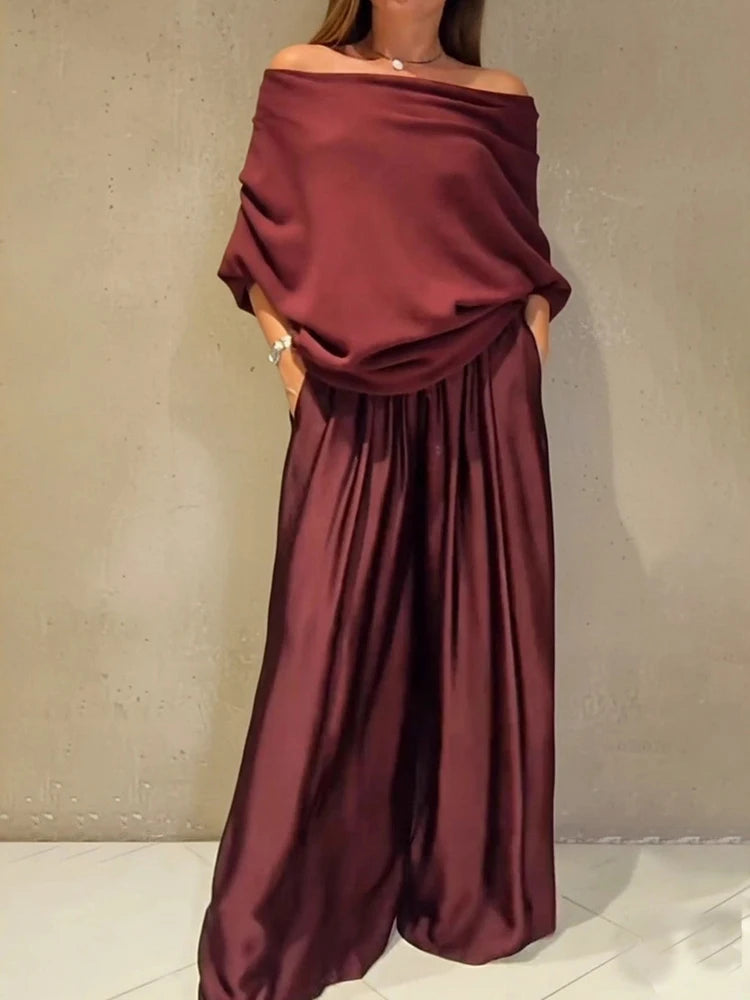 Elegant Slash Collar Off Shoulder Top&Satin Wide Leg Pants Sets