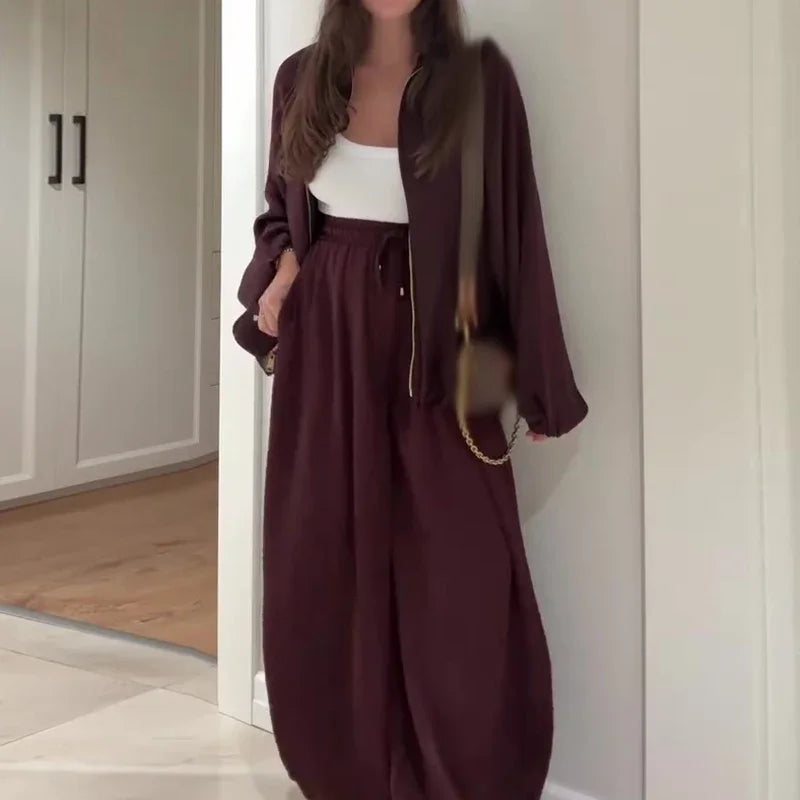 Fashion Elastic Waist Pants Sport Suit Elegant Zipper Jacket & Long Pant Outfits