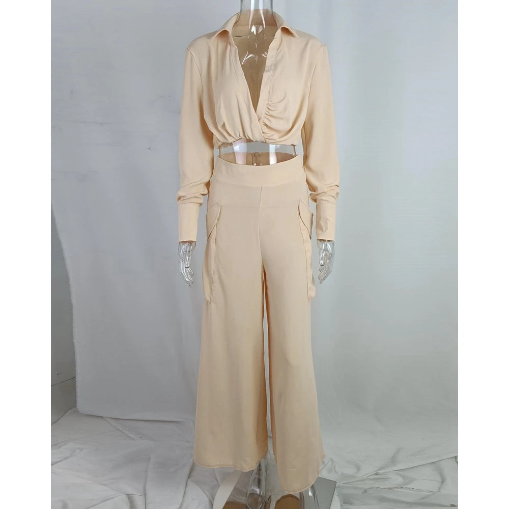 Women Solid Long Sleeve Ruched Crop Shirt & High Waist Pants