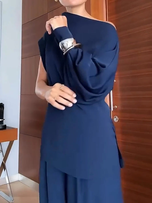 Diagonal Collar Long Sleeved Top and Wide Leg Pants Ladies Set