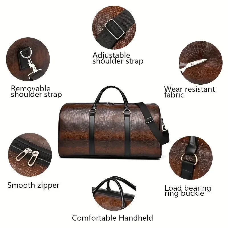 Large Capacity Retro Crocodile-Textured Travel Duffel Bag