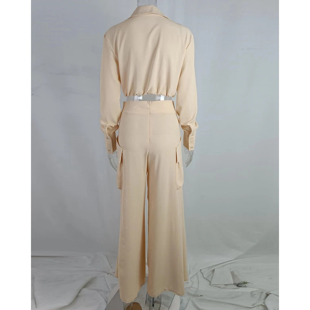 Women Solid Long Sleeve Ruched Crop Shirt & High Waist Pants