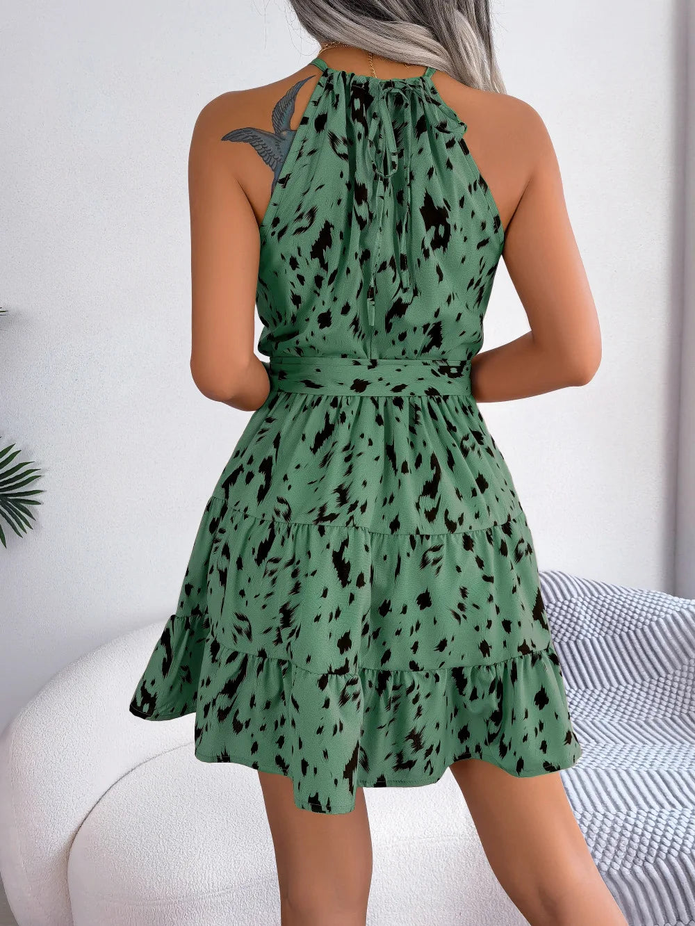 Leopard Print Ruffled Halter Mini Dress
