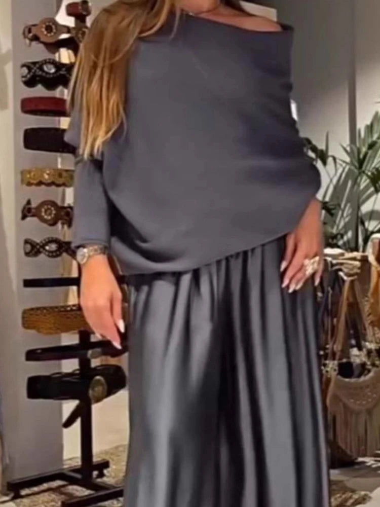 Elegant Slash Collar Off Shoulder Top&Satin Wide Leg Pants Sets