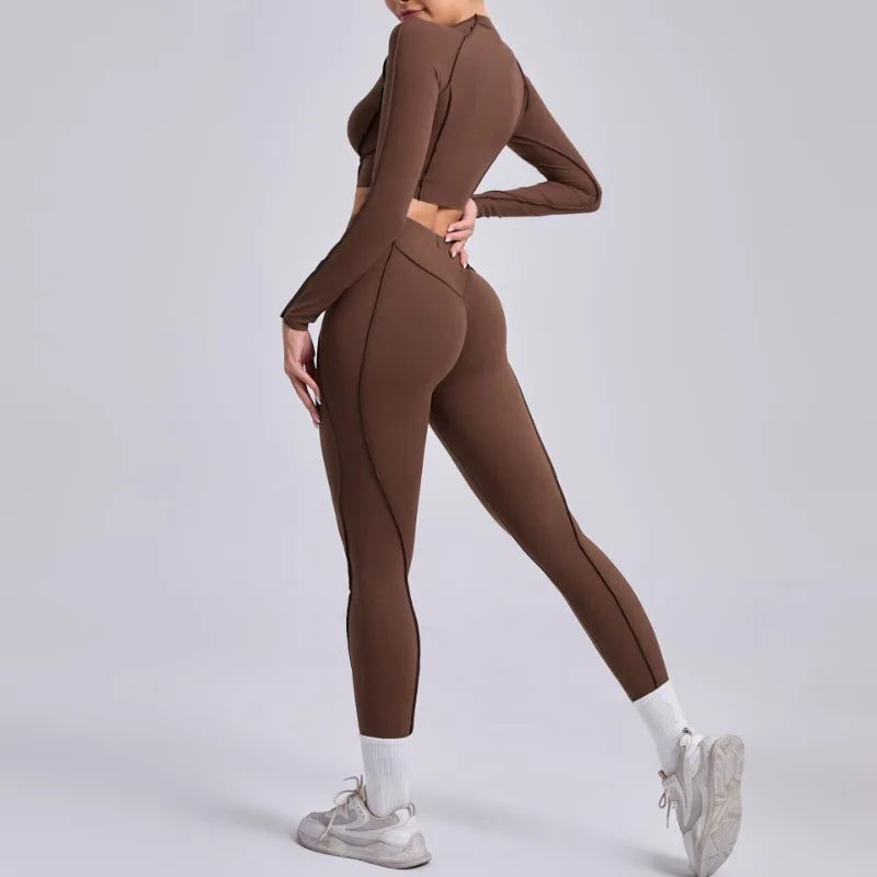 Seamless Yoga Sets Sports Fitness Hip-lifting High Waist Skinny Long-sleeved Suit Running Workout Gym Leggings Sets for Women