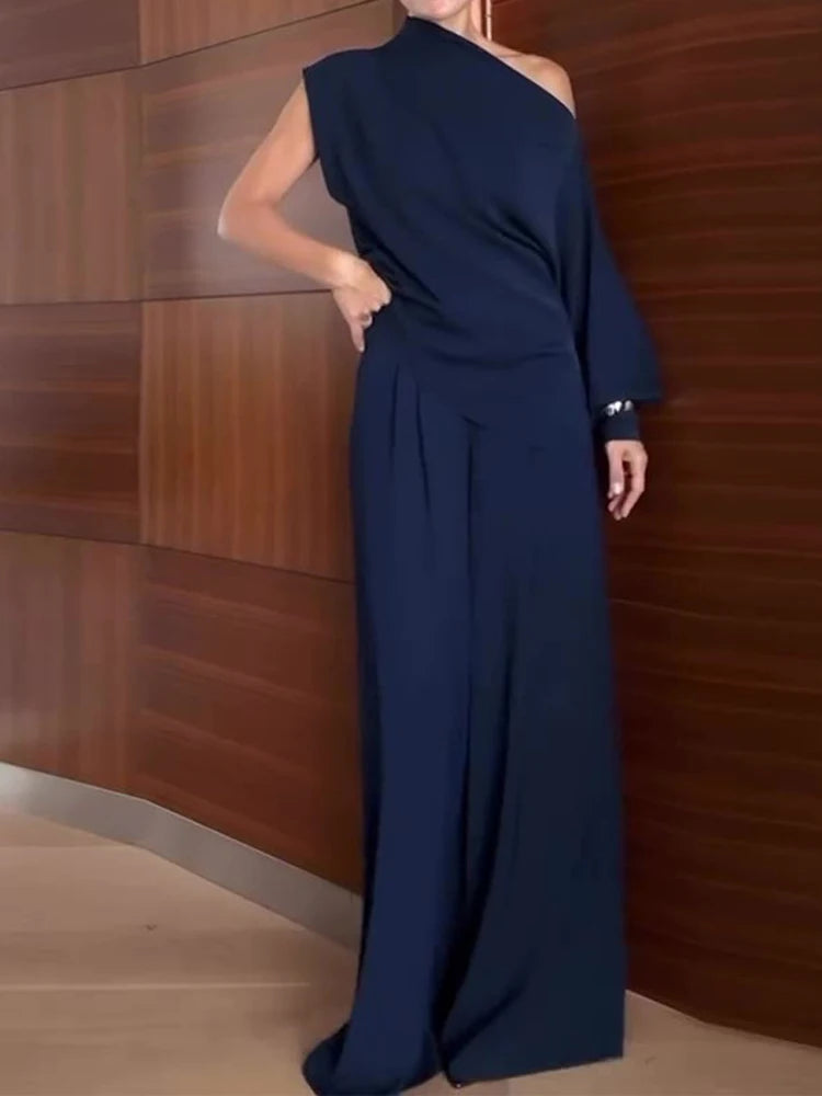 Diagonal Collar Long Sleeved Top and Wide Leg Pants Ladies Set