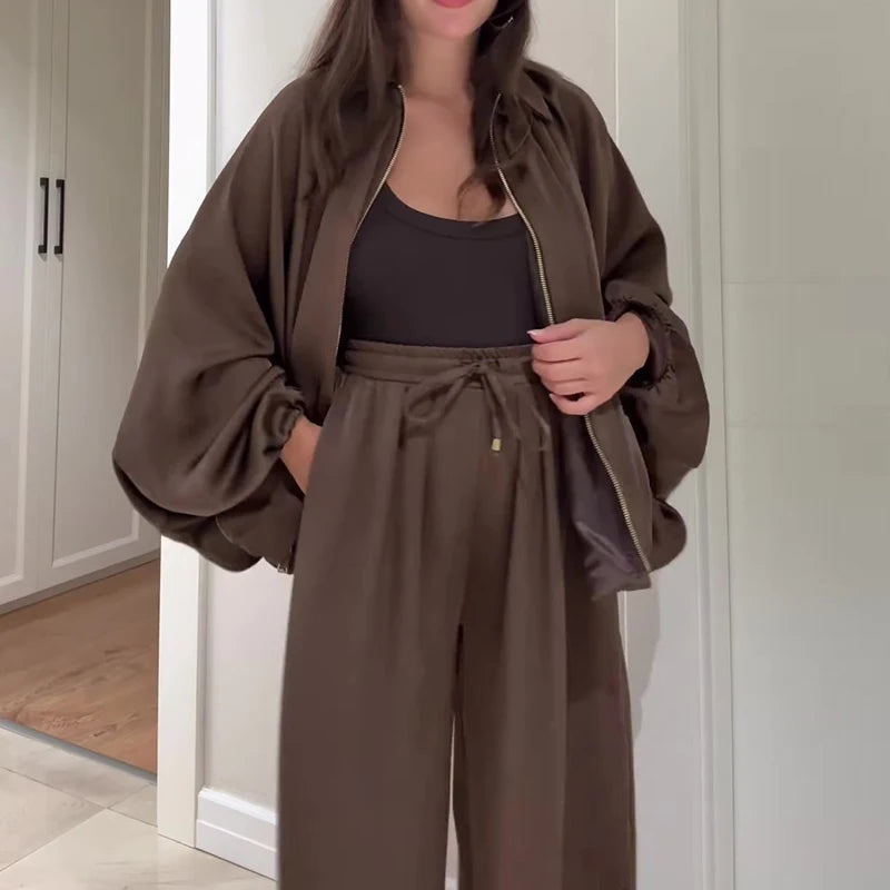 Fashion Elastic Waist Pants Sport Suit Elegant Zipper Jacket & Long Pant Outfits