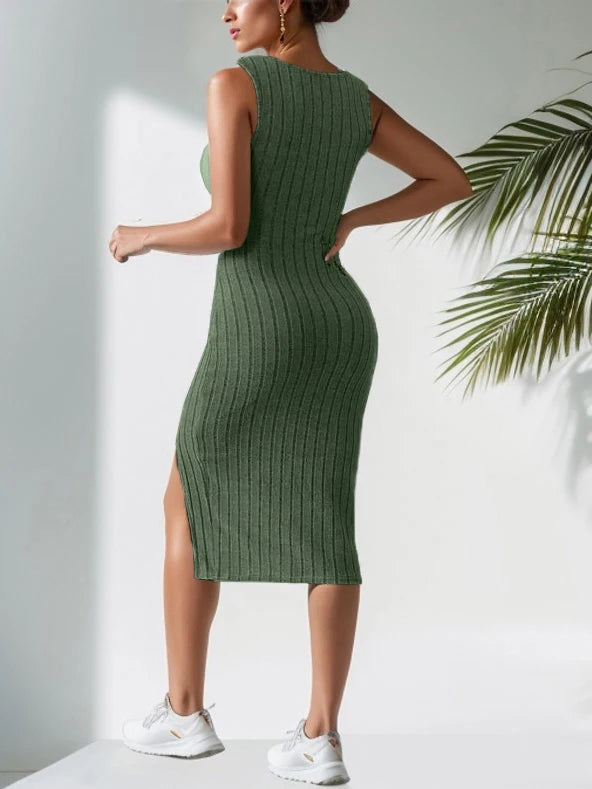 New Sleeveless Suspender Dress – Square Neck Short Side Slit Skirt