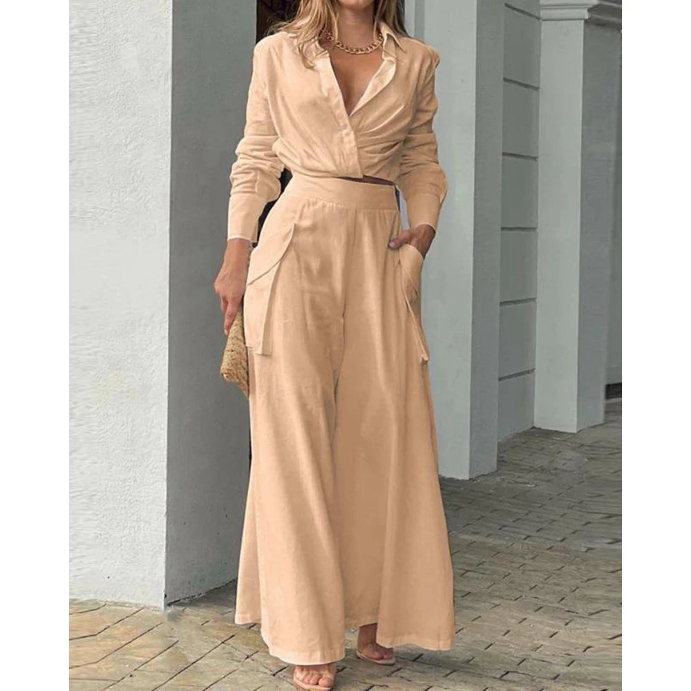 Women Solid Long Sleeve Ruched Crop Shirt & High Waist Pants