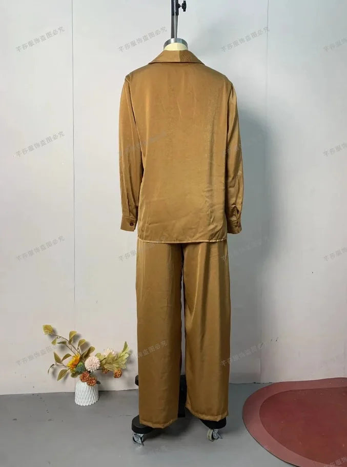 Women Pants 2 Piece Sets Top Blouse Wide Leg Trousers