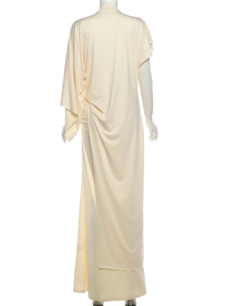 Nibber Elegant 2-Piece Set – Irregular Sleeve Crop Top &amp; Elastic Waist Long Skirt