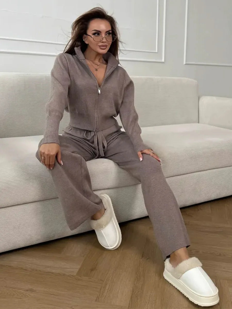 Effortless Elegance for Every Season Zip Up Knit Pants Set