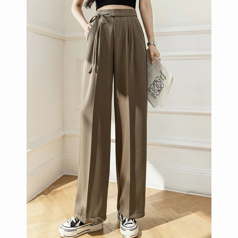 Spring Women Lace Up Straight Leg Suit Pants