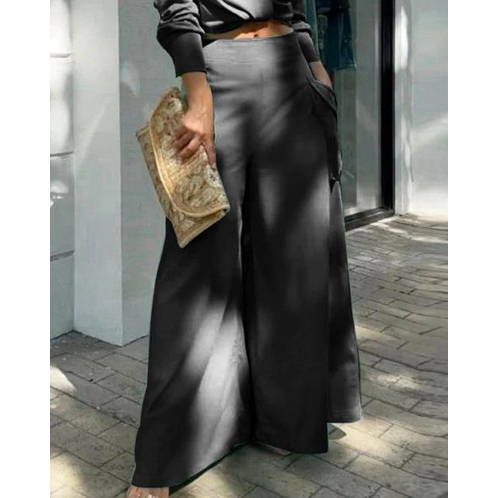 Women Solid Long Sleeve Ruched Crop Shirt & High Waist Pants