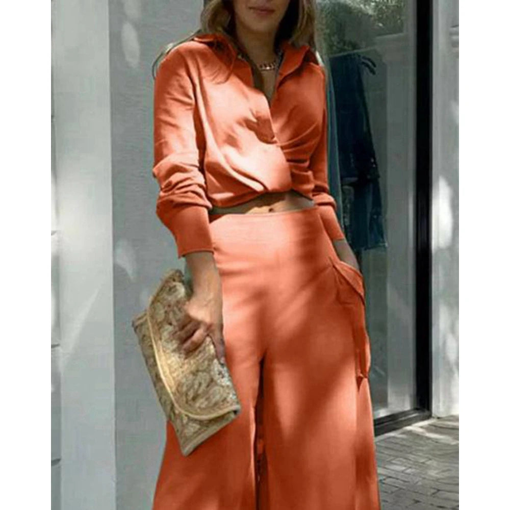 Women Solid Long Sleeve Ruched Crop Shirt & High Waist Pants