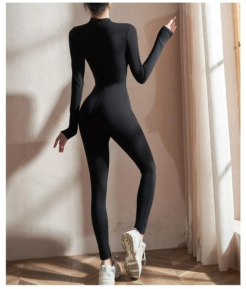 Women's Long Sleeve Yoga Jumpsuit – Slim Fit Stretch One-Piece Romper