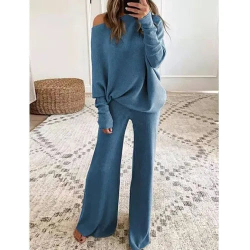 Fashion One-shoulder Long-sleeved Top + Straight Pants 2-piece Set