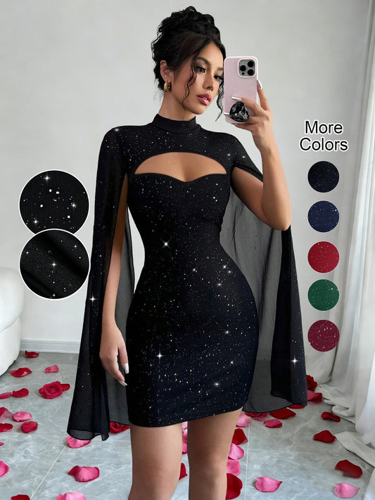 Sexy Women's Stand Collar Cape Mini Dress Sequins Sparkling Club Party