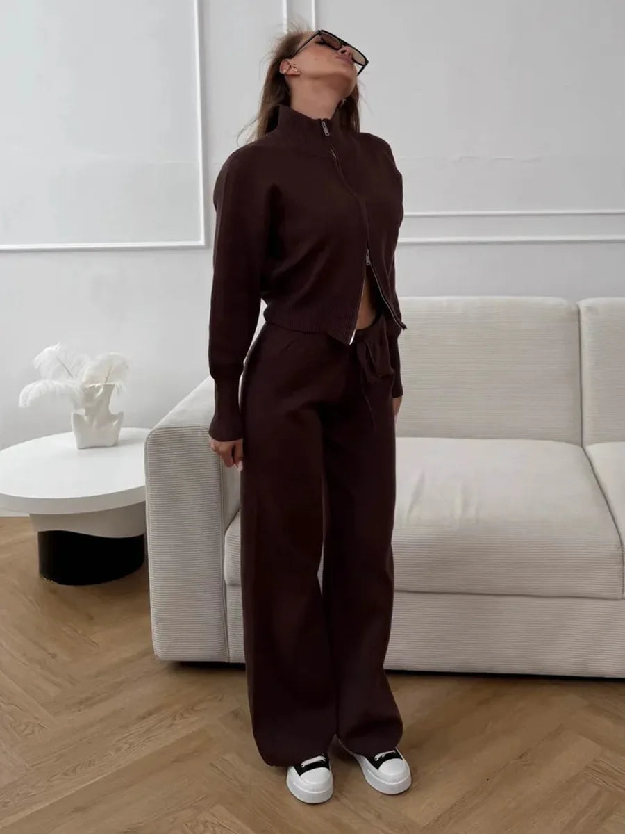 Effortless Elegance for Every Season Zip Up Knit Pants Set