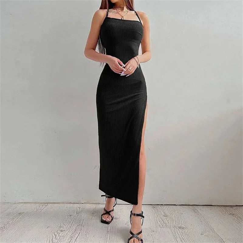 Sexy Black Long Bodycon Dress Halter Neck High Split Maxi Dress