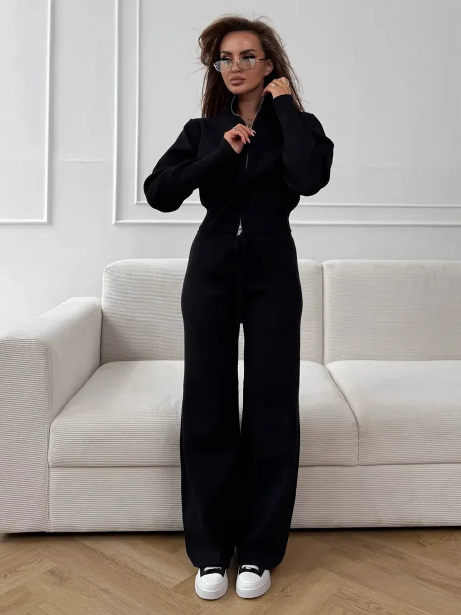 Effortless Elegance for Every Season Zip Up Knit Pants Set