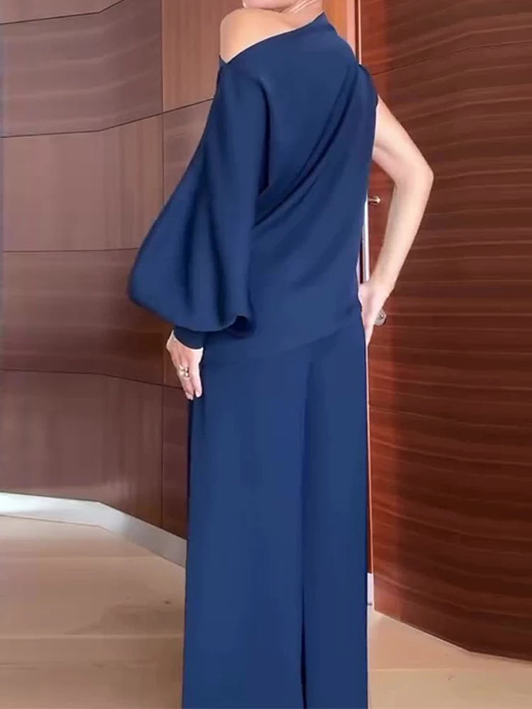 Diagonal Collar Long Sleeved Top and Wide Leg Pants Ladies Set