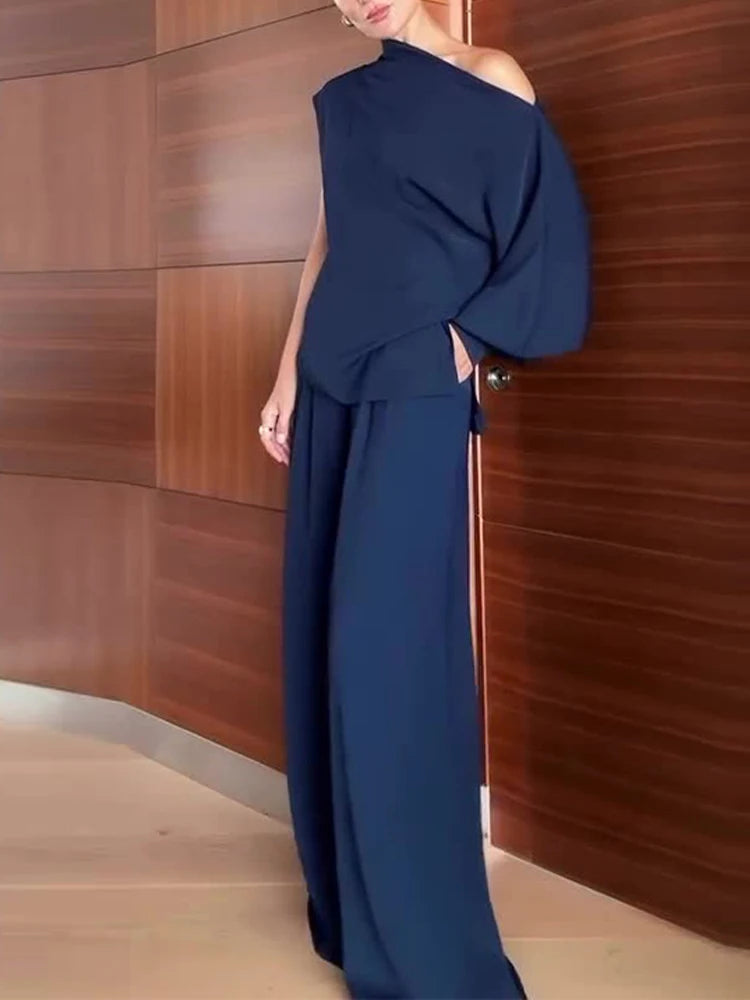 Diagonal Collar Long Sleeved Top and Wide Leg Pants Ladies Set