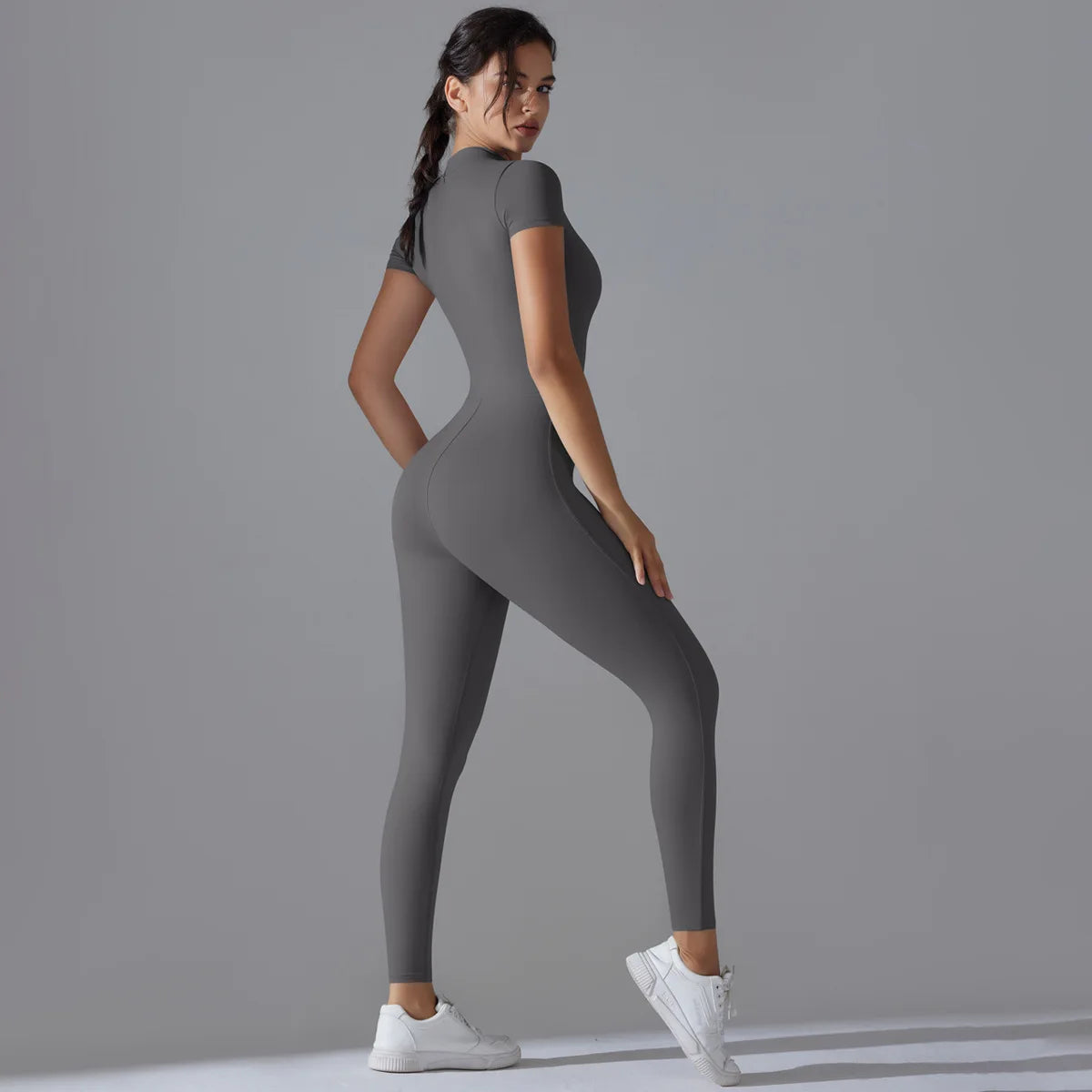 Naked Zipper Short-Sleeved Yoga Jumpsuit