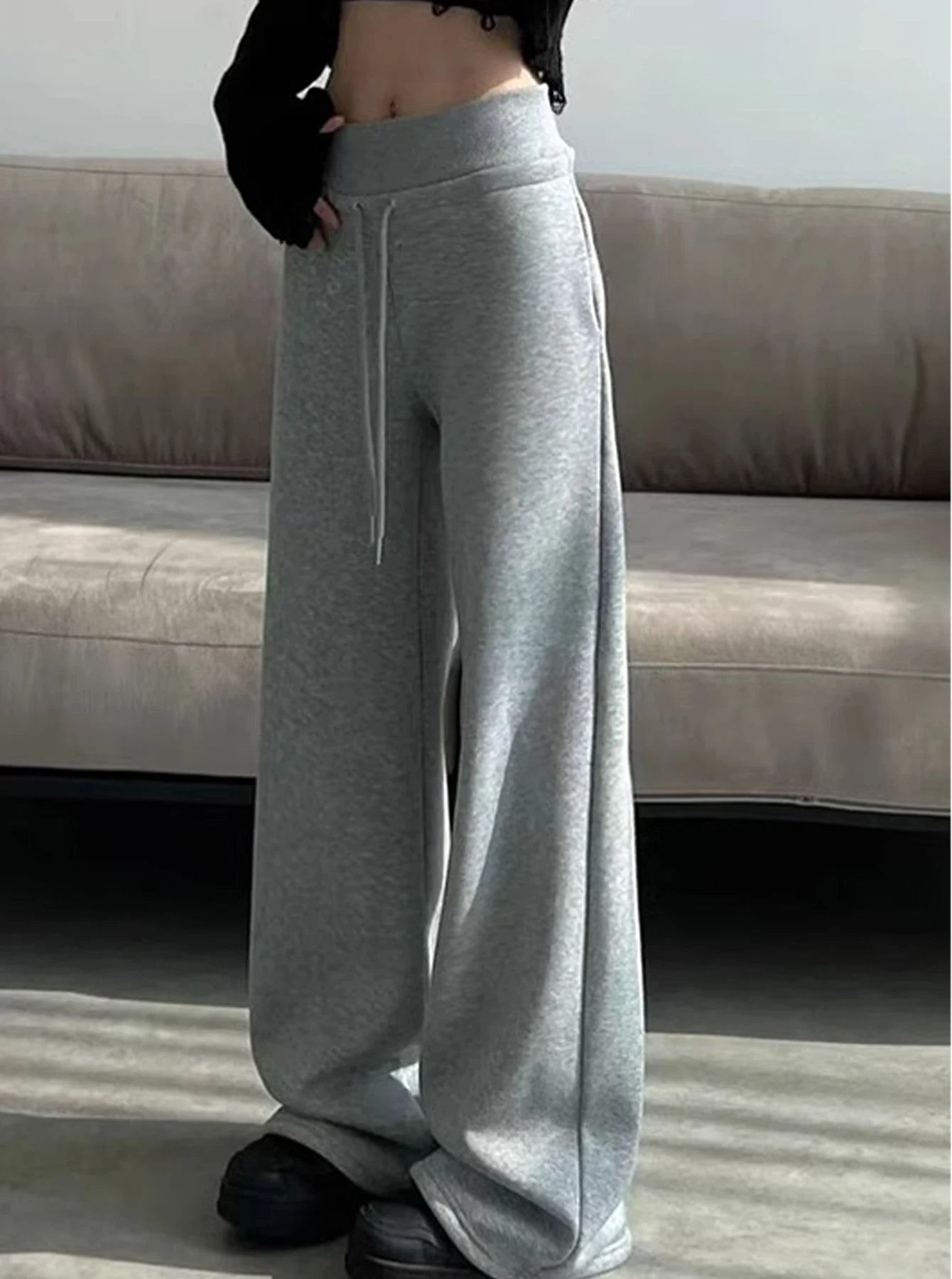 Women’s Gray High-Waist Straight Leg Wide-Leg Sweatpants