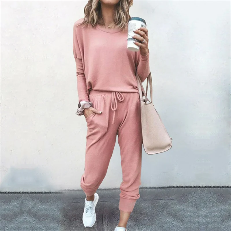Hot Women's Long Sleeve Round Neck Top and Pants Set
