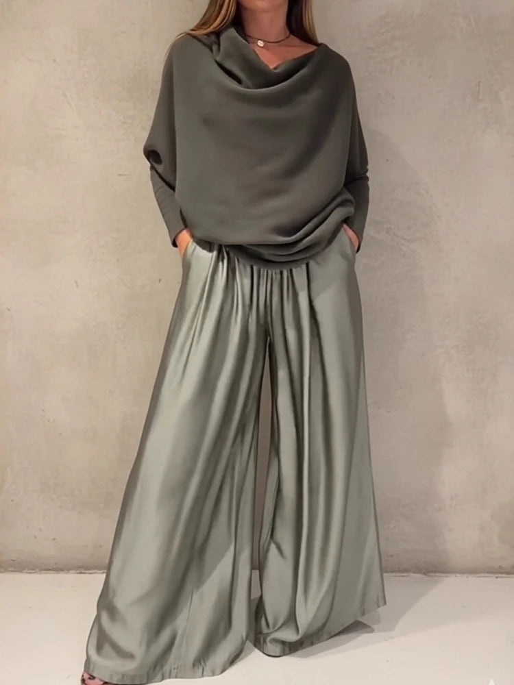 Elegant Slash Collar Off Shoulder Top&Satin Wide Leg Pants Sets