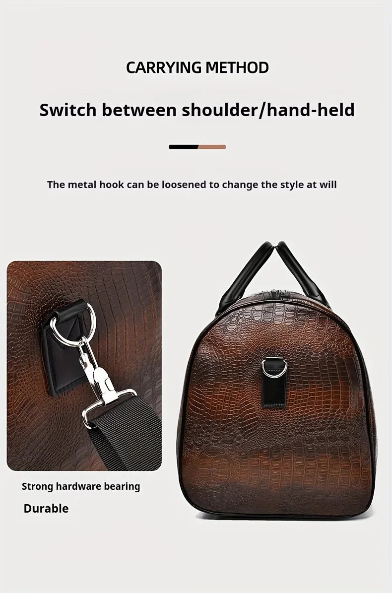 Large Capacity Retro Crocodile-Textured Travel Duffel Bag