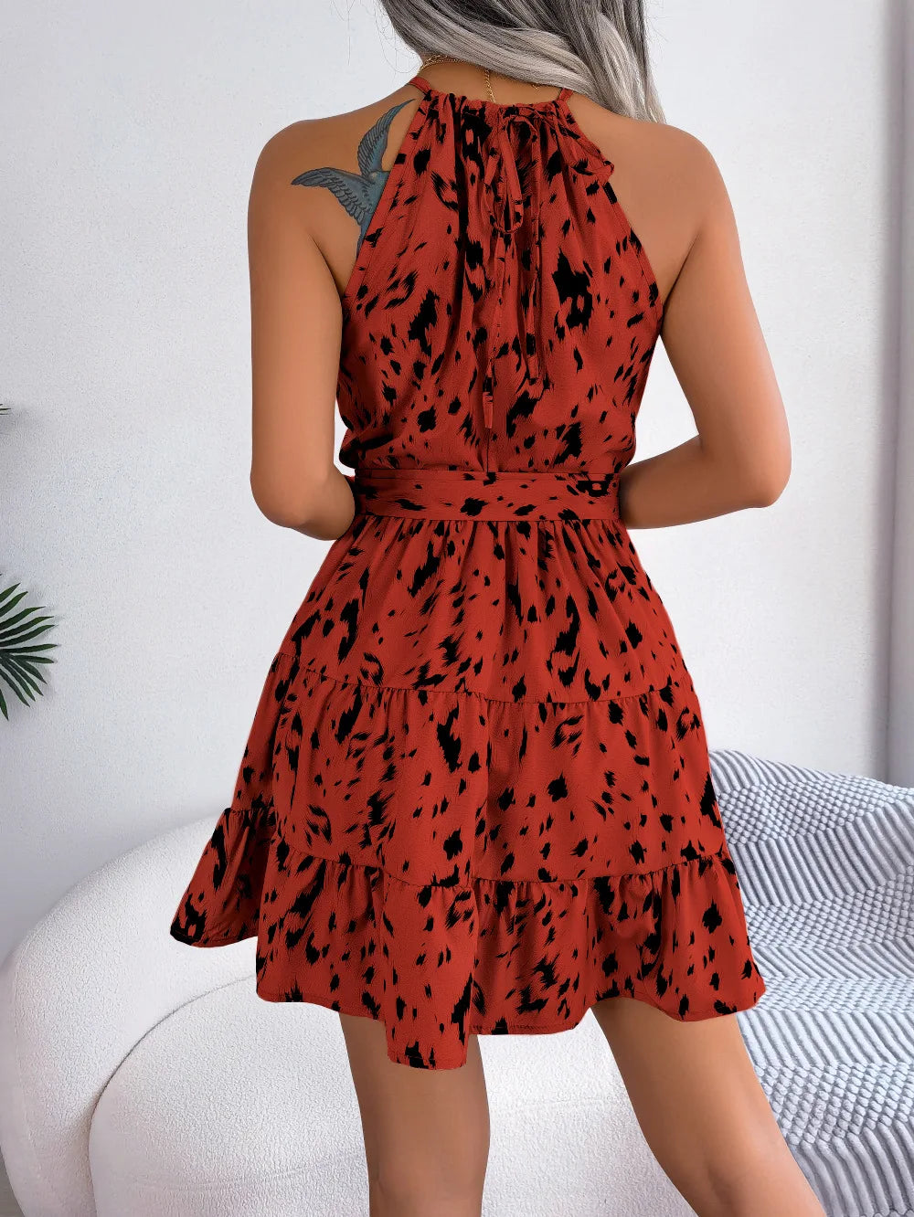 Leopard Print Ruffled Halter Mini Dress