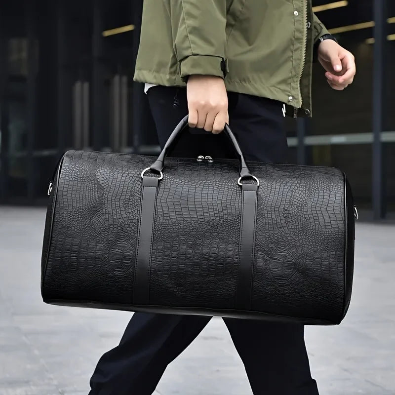 Large Capacity Retro Crocodile-Textured Travel Duffel Bag