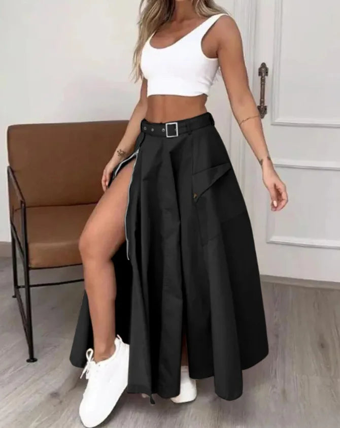 Elegant Irregular Split High-Waist A-Line Skirt for Women