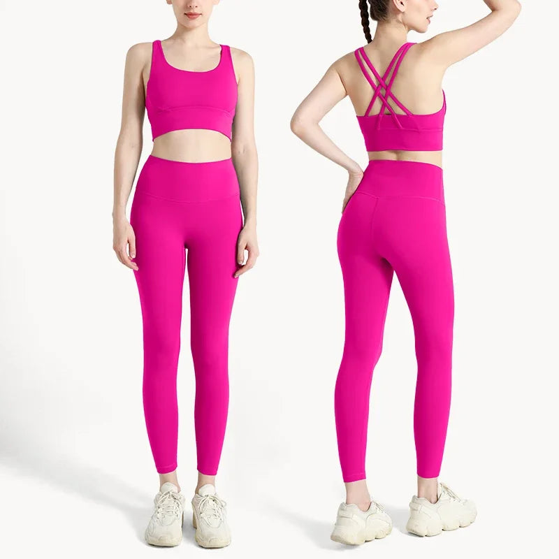 Summer New 2-Piece Yoga Set – Cross Back Sports Bra &amp; High-Waist Leggings